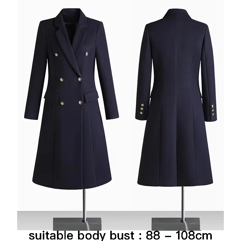 

High quality wool blend long trench coat for women big size double breasted new winter 2024 elegant clothes - black grey blue