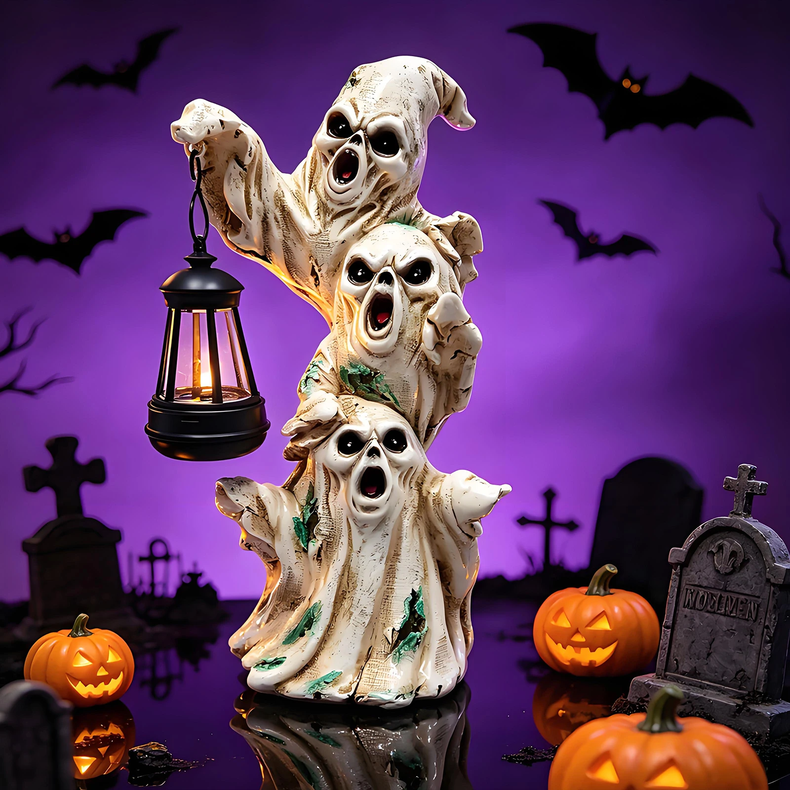Triple Ghosts Figurine with Solar Lighted, Halloween Decorations Outdoor, Spooky Gifts Halloween Ghost Figurines Decor