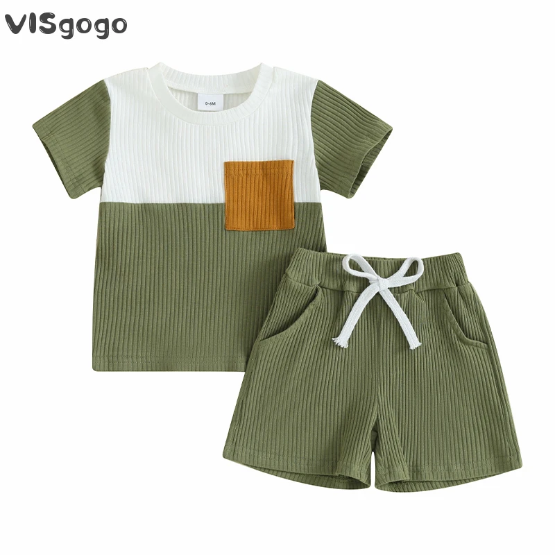 VISgogo Toddler Boys Summer Outfits Contrast Color Ribbed Knit Short Sleeve T-Shirts Tops Elastic Waist Shorts 2Pcs Clothes Set