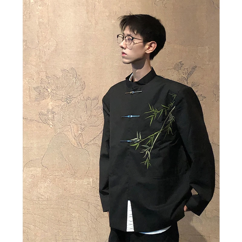 

New Chinese Sle Men's Suit oulder Pads Bamboo Embroidery Stand Collar Early Autumn Faionable Wedding Ceremony Dr