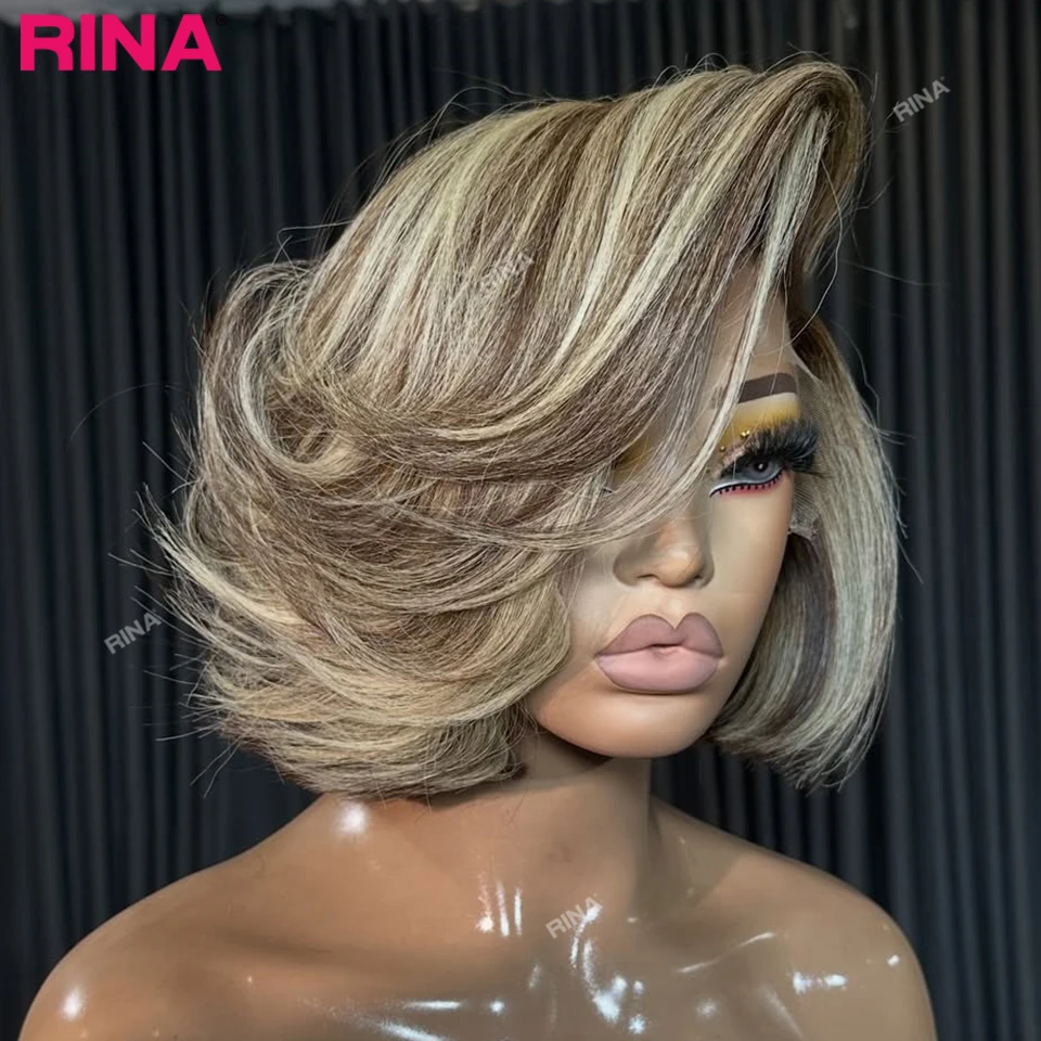 highlight-blonde-with-dark-root-short-bob-wig-lace-front-human-hair-for-women-straight-180-density-dark-roots-13x4-lace-frontal