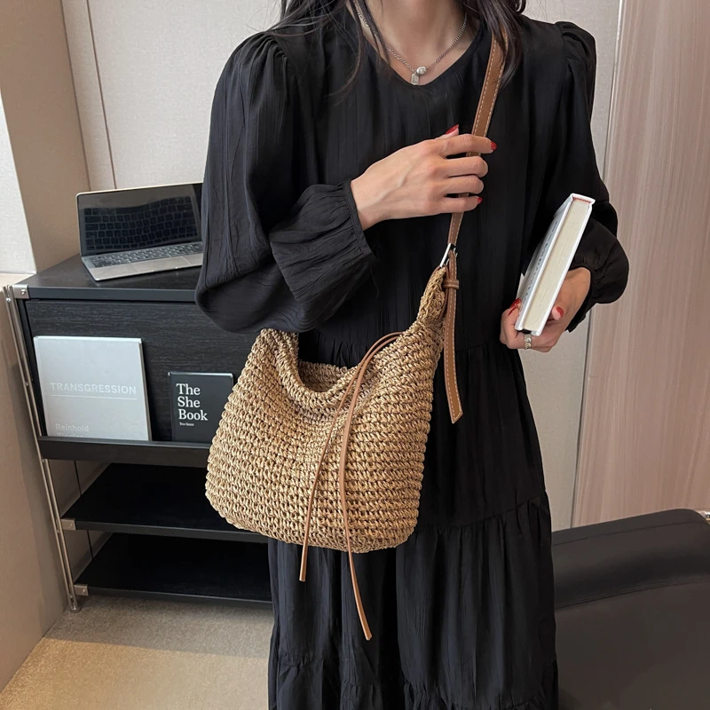 Straw Crossbody Bags Casual Zipper Soild Bags for Women 2024 Fashion Summer Woven Bag Hot Sale Bolsa De Ombro Feminina