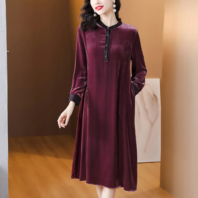 

2024 Autumn and Winter New Silk Velvet Burnt Flower Dress Women's Long Sleeve Loose Large O-Neck Mid length Knee Long Dress