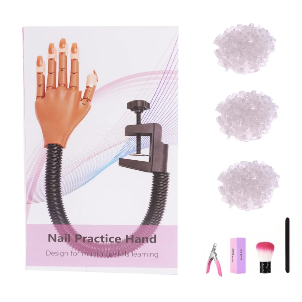 Practice Hand For Acrylic Nails Adjustable Flexible Nail Practice Hands with 300 Brown Nails tips and Tool