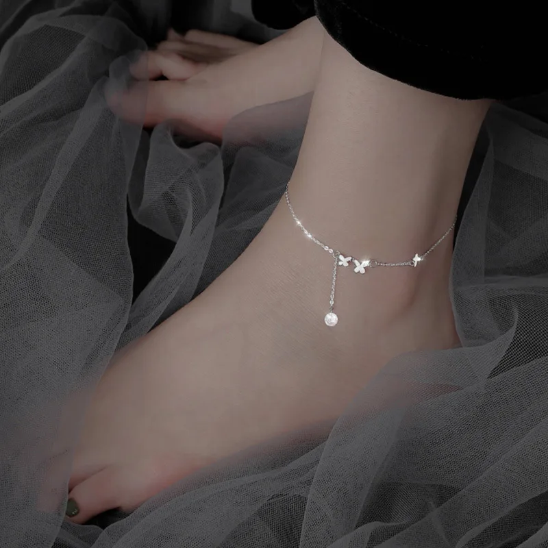 Sam panda 925 Sterling Silver Butterfly Anklet dla kobiet Delikatna bransoletka z frędzlami z cyrkoniami Biżuteria letnia — zdjęcie 4