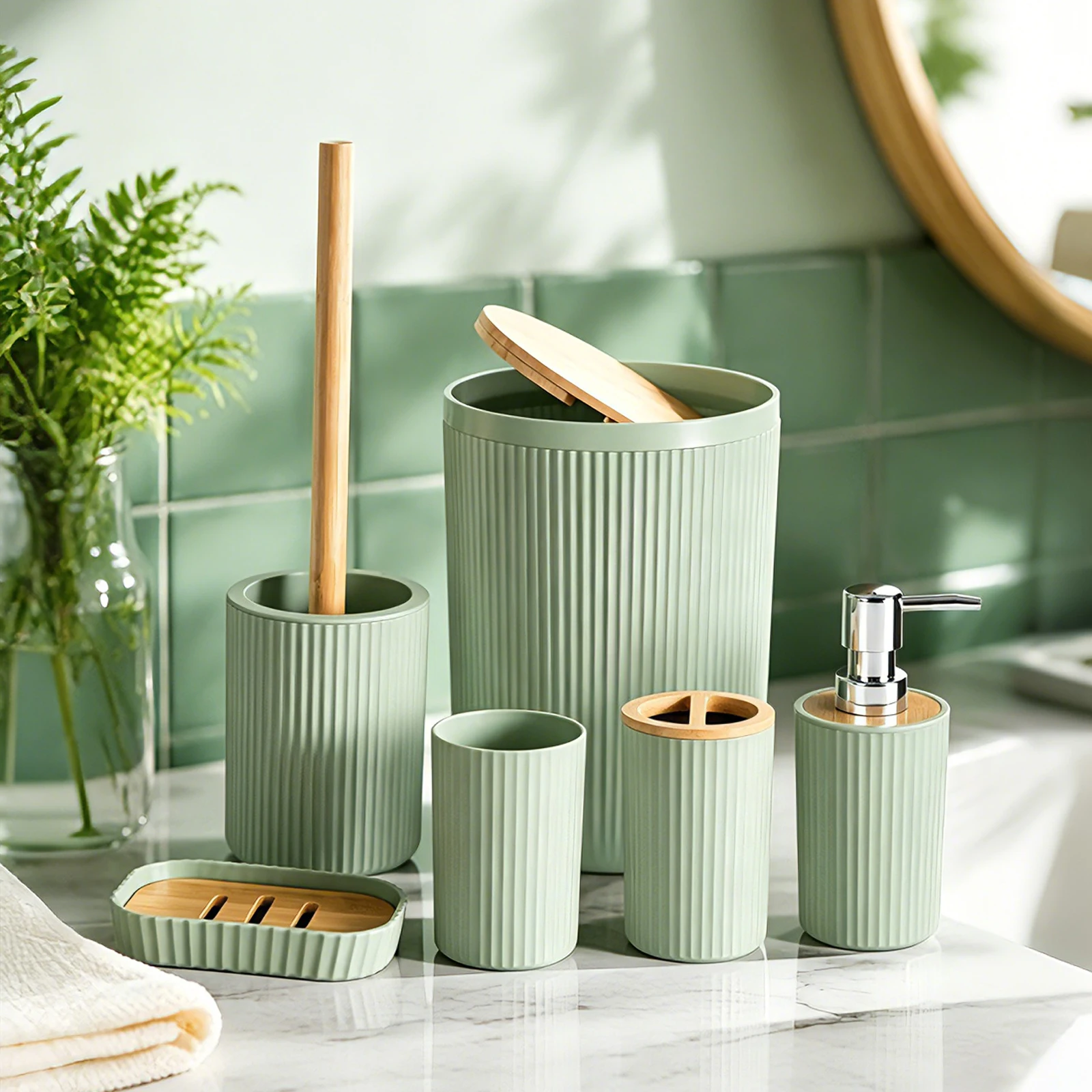 

Bathroom Accessories Set 6 Piece Bamboo Bath Ensemble Includes Soap Dispenser Toothbrush Holder Toothbrush Cup Soap Dish Decor