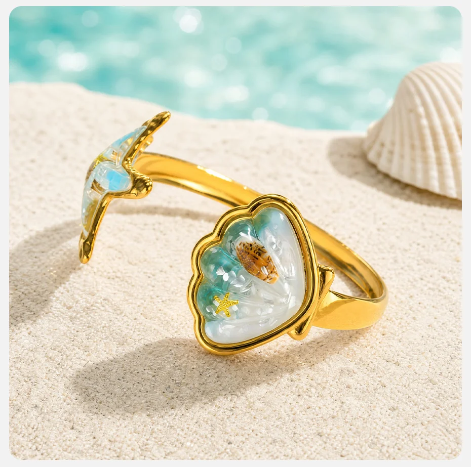 Vnox Bohemia Blau-Rosa Harz-Muschel-Seestern Offenes Armband Halskette Ohrringe Vergoldet Hypoallergen Wasserdichter Strand-Schmuck – Detail 5