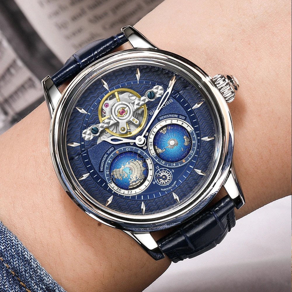 SEAKOSS 5ATM Men's Automatic Mechanical Watch Dual Earth World Time C3 Super Luminous 3D Rotating North South Earth Watches