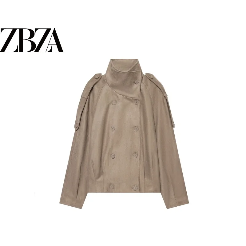 Fashionable Pure Color Double-Breasted Chimney-Style Coat ZR Wind Women's Versatile Ball Jacket Polyester Fiber Autumn Season
