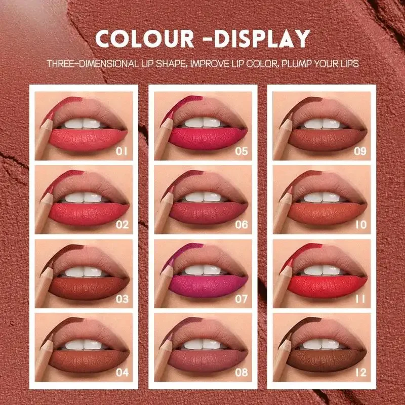 Conjunto de delineador labial fosco de veludo de precisão, 12 peças, à prova de manchas, à prova d'água, kit de maquiagem de lápis labial de longa duração, cores versáteis