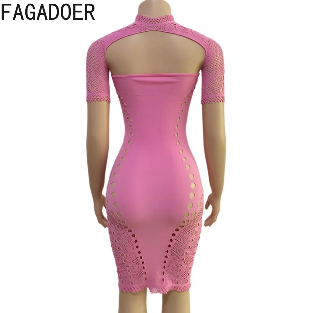 FAGADOER Sexy Solid Hollow Out Hole Bodycon Nightclub Mini Dresses Women Round Neck Short Sleeve Slim Vestidos Fashion Clothing