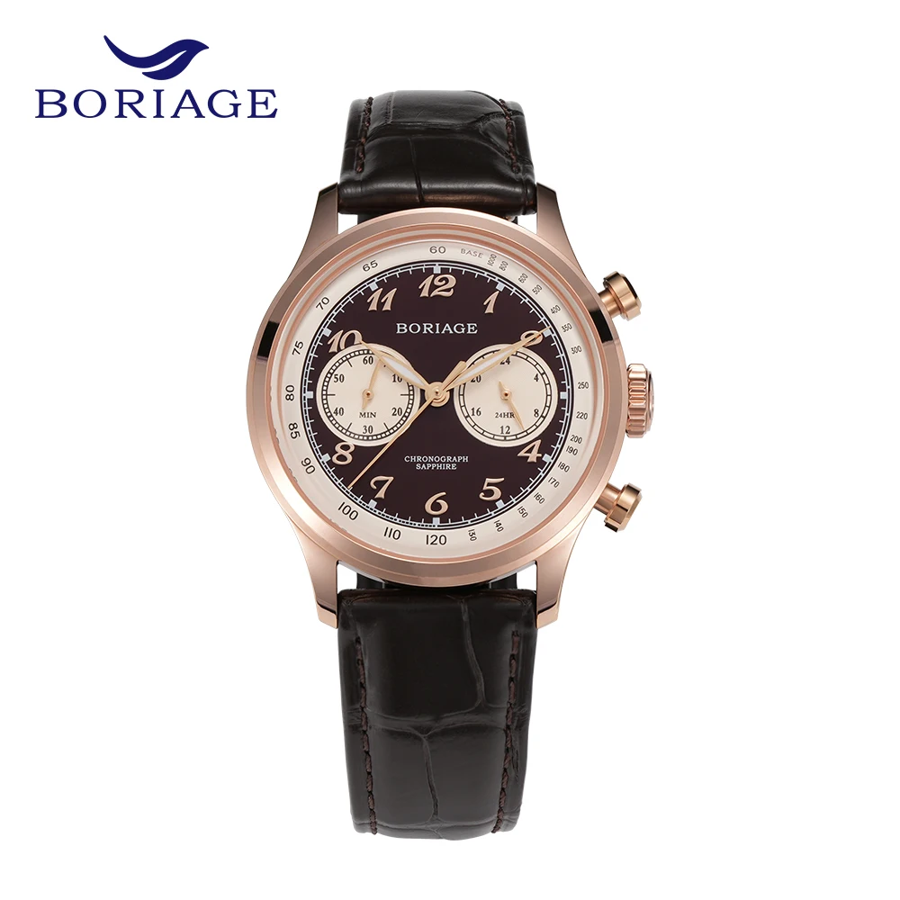 

Мужские кварцевые часы BORIAGE, часы с функцией хронометража, ремешок из крокодиловой кожи, медные часы, водонепроницаемые мужские часы с гальваническим покрытием из розового золота