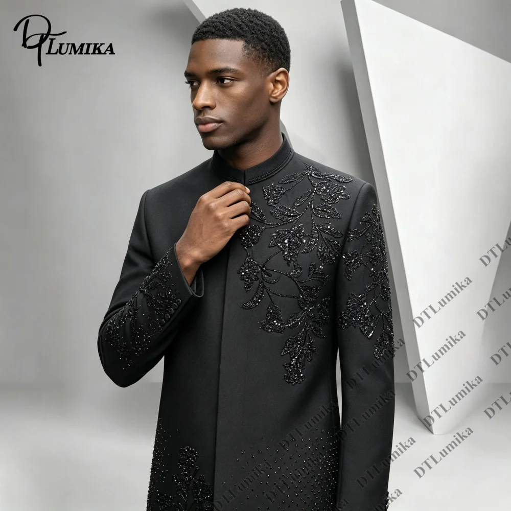 Men Custom Size Stand‑Collar Long Jacket Suit 2‑Piece Formal Outfit Jacket and Pants for Wedding Party Ceremony Gentleman Attire