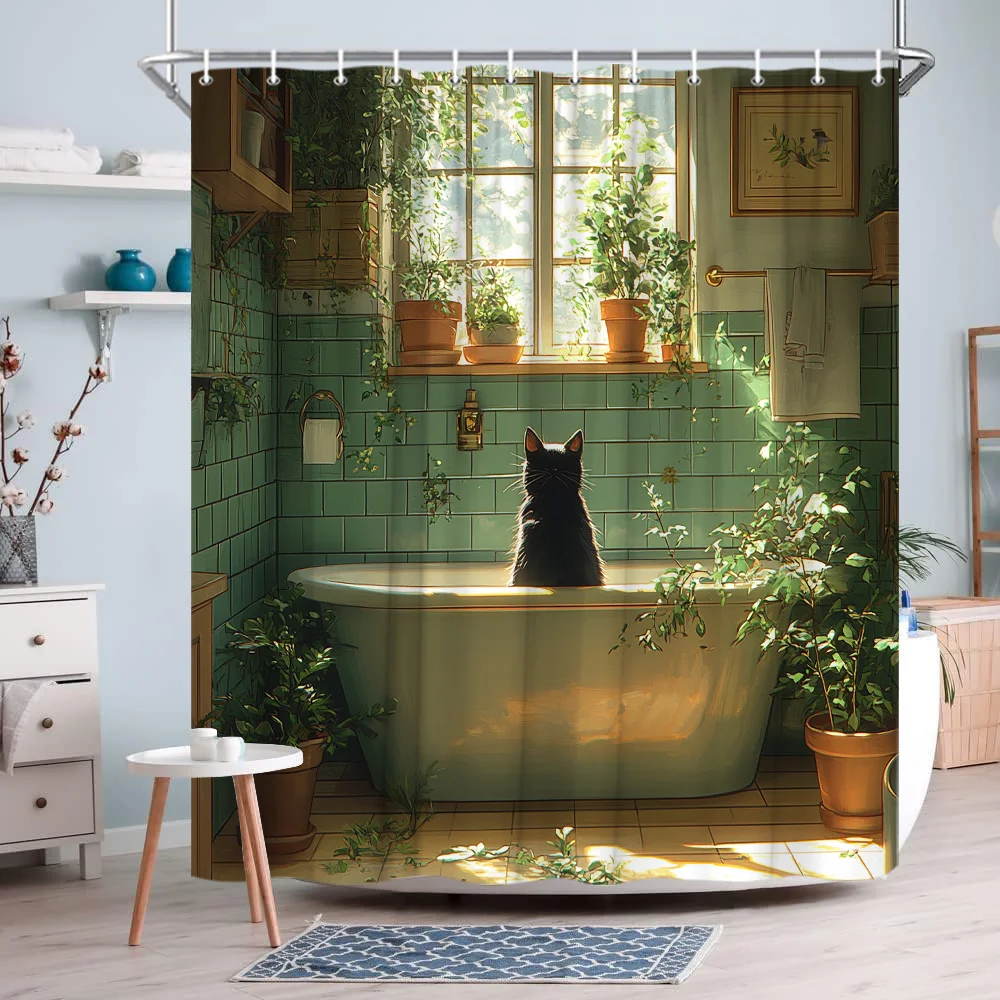 

Black Cat in Sunlit Bathroom Shower Curtain-Retro Green Bathtub Pattern Bathroom Decorative Shower Curtain 180x180cm