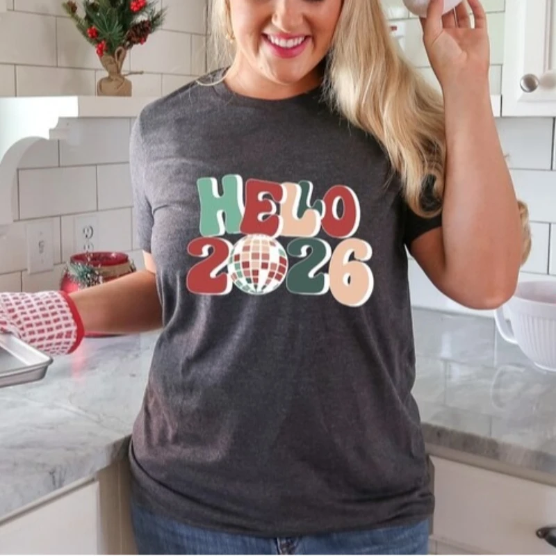 Hello 2026 Happy New Year Shirt Vintage Welcome 2026 Women & Men Gift for Retro Xmas Disco Ball Simple Letters Print Shirt