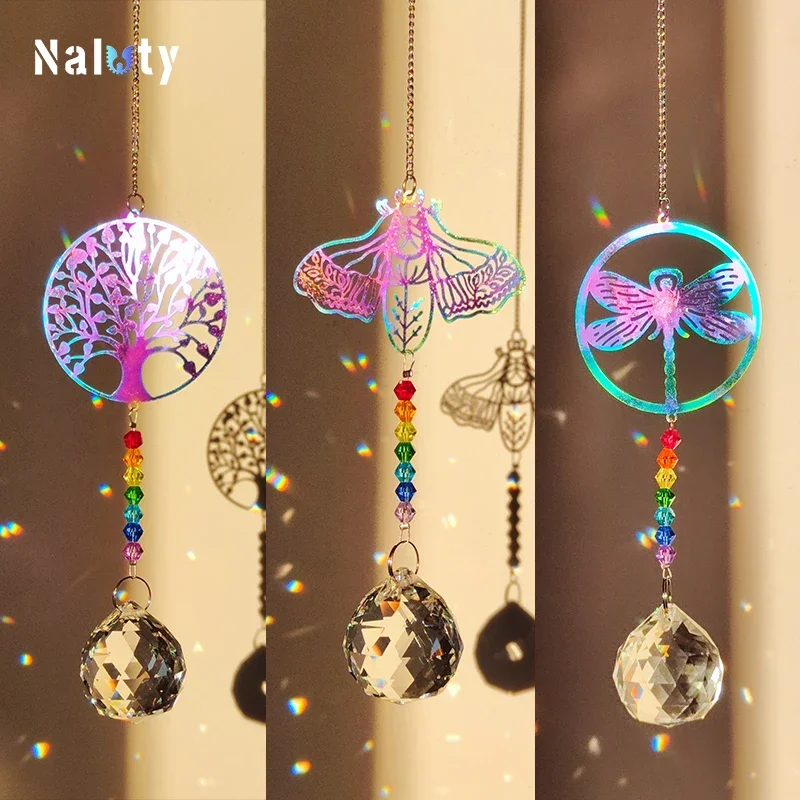 Colorful Purple Gold Crystal Pendant Garden Suncatcher Wind Chimes Crystal Chain Rainbow Prism for Home Window Party Decoration