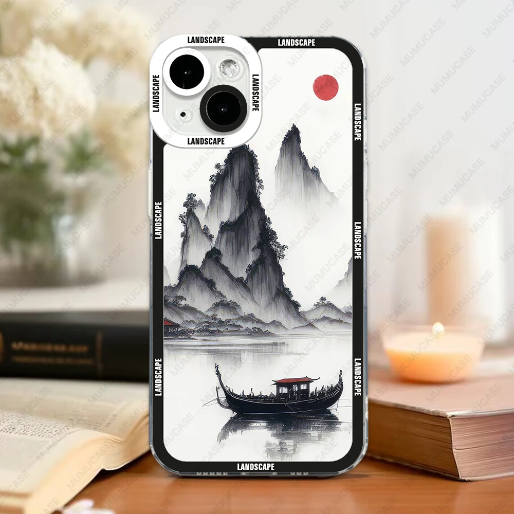 Case For iPhone 16 15 14 13 Pro Max 12 Mini 11 XS X XR SE 7 8 Plus Soft Cover Ink and wash landscape painting