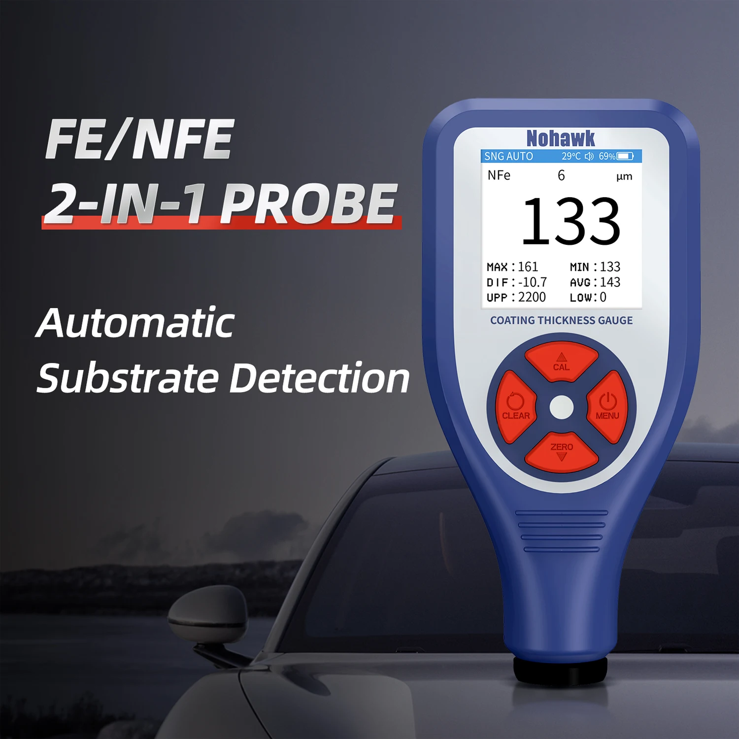 

Nohawk New Mini Digital Automotive Coating Thickness Gauge Measures Fe/NFe Car Coating Thickness Suitable For Used Car Appraisal