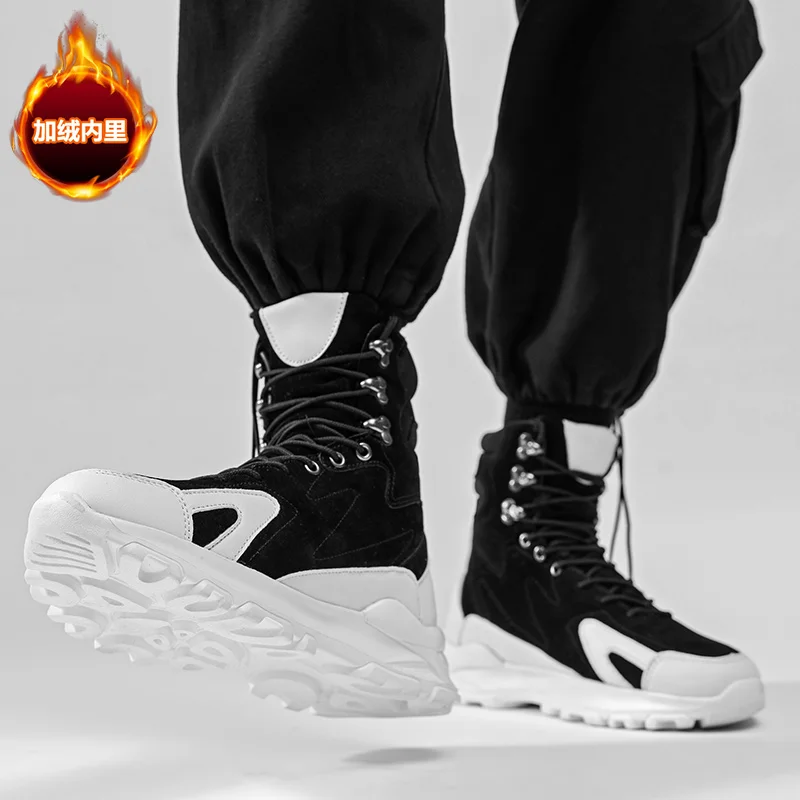 

Men's Winter Shoes: High-top Men's Work Boots, Long-top Fleece Cotton Shoes, Popular Motorcycle Leather Boots