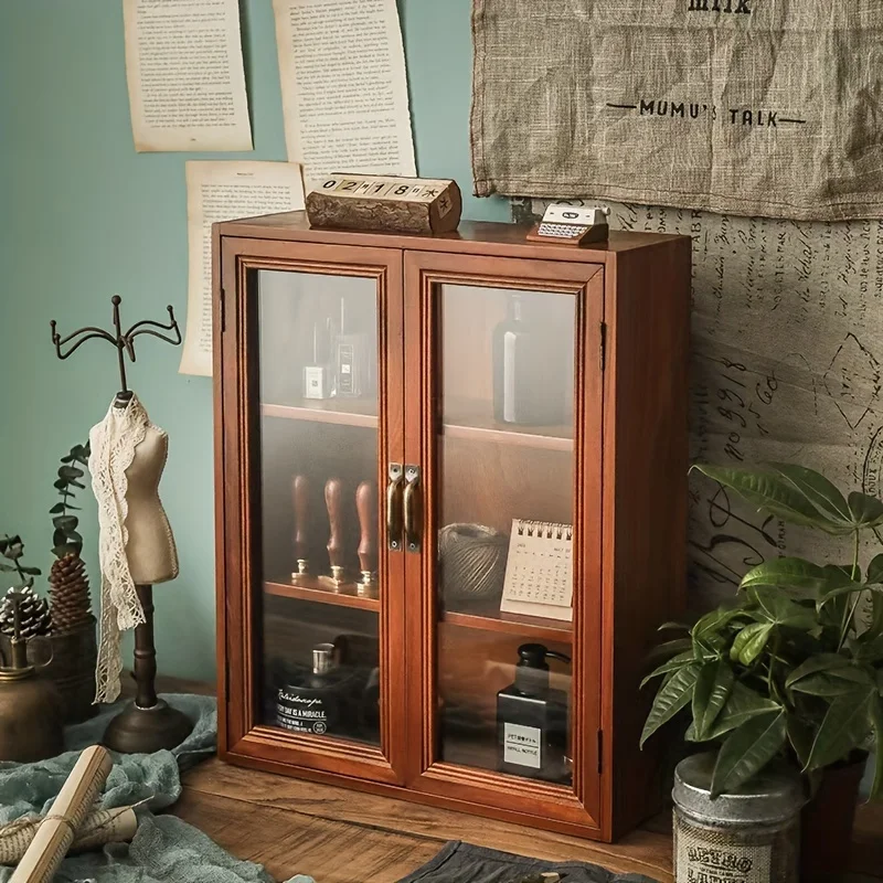 Custom.1pc Vintage Style Wooden Storage Cabinet with Glass, Freestanding Hardwood Desk Organizer Cosmetics and Home De