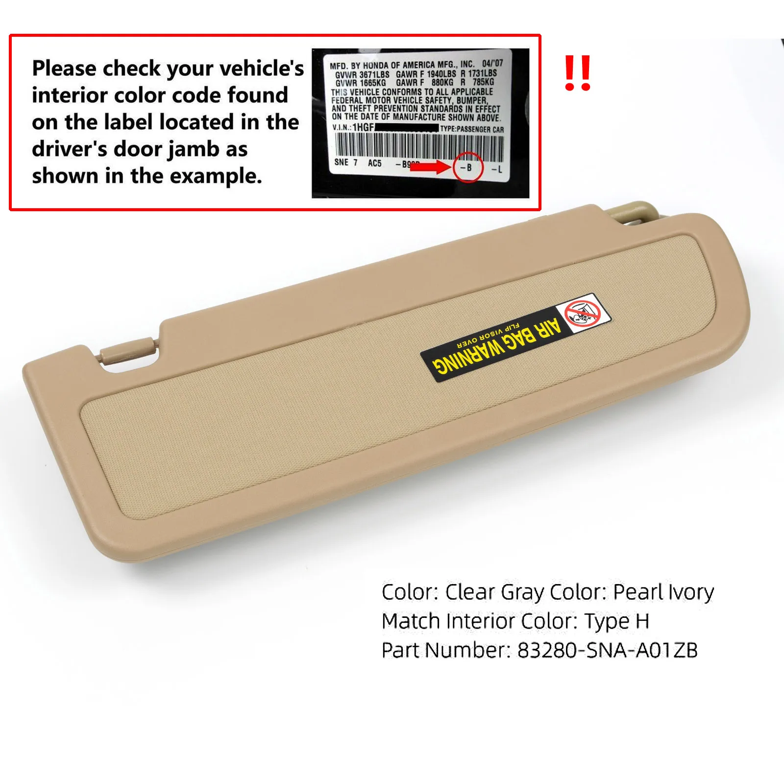 83280-SNA-A01ZB Left Side Car Sun Visor For Honda Civic 2006 2007 2008 2009 2010 2011 Pearl Ivory Tan Driver Side YR327 Sunvisor