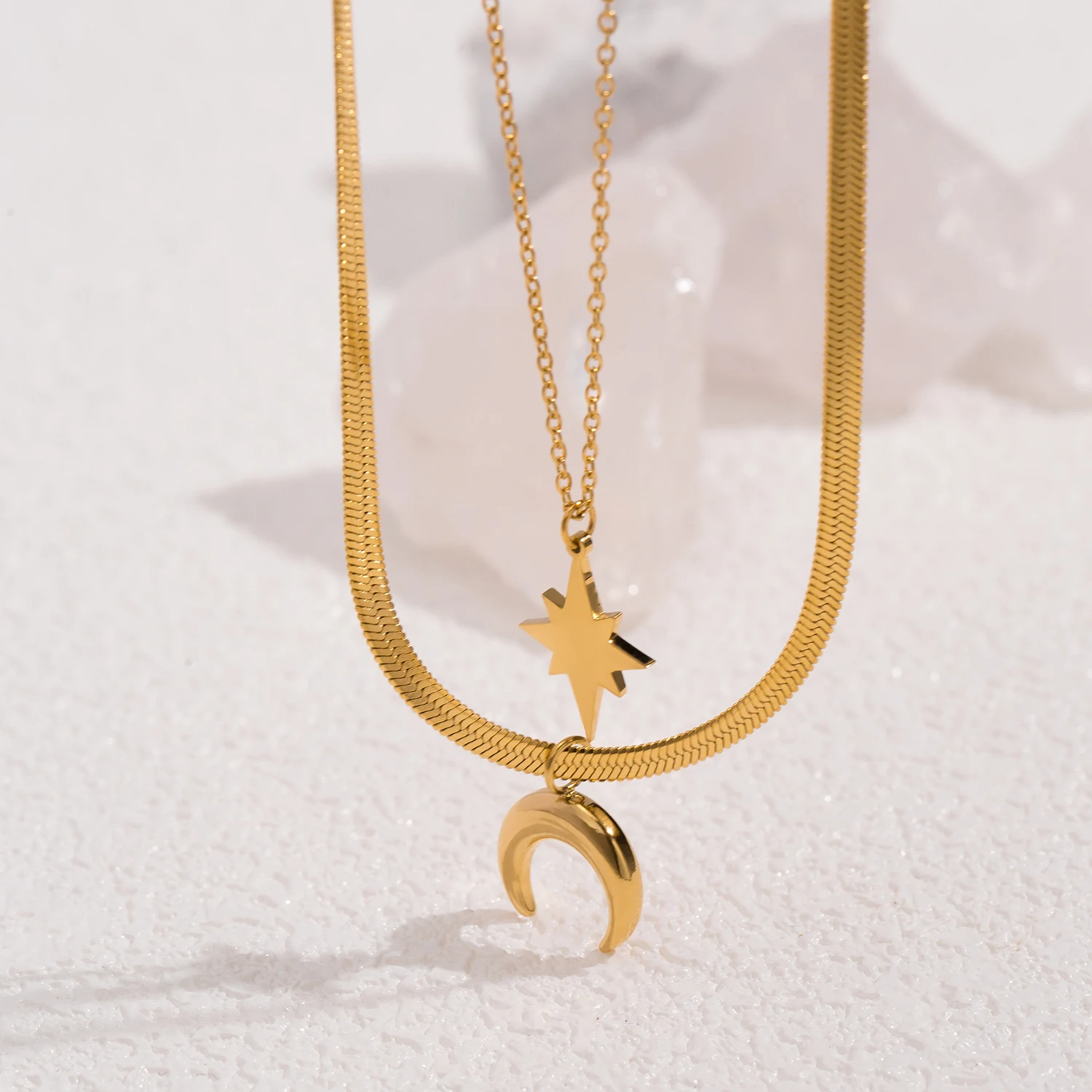 Star and Moon Double Layered Pendant Stainless Steel Necklace Plated with 18K Gold