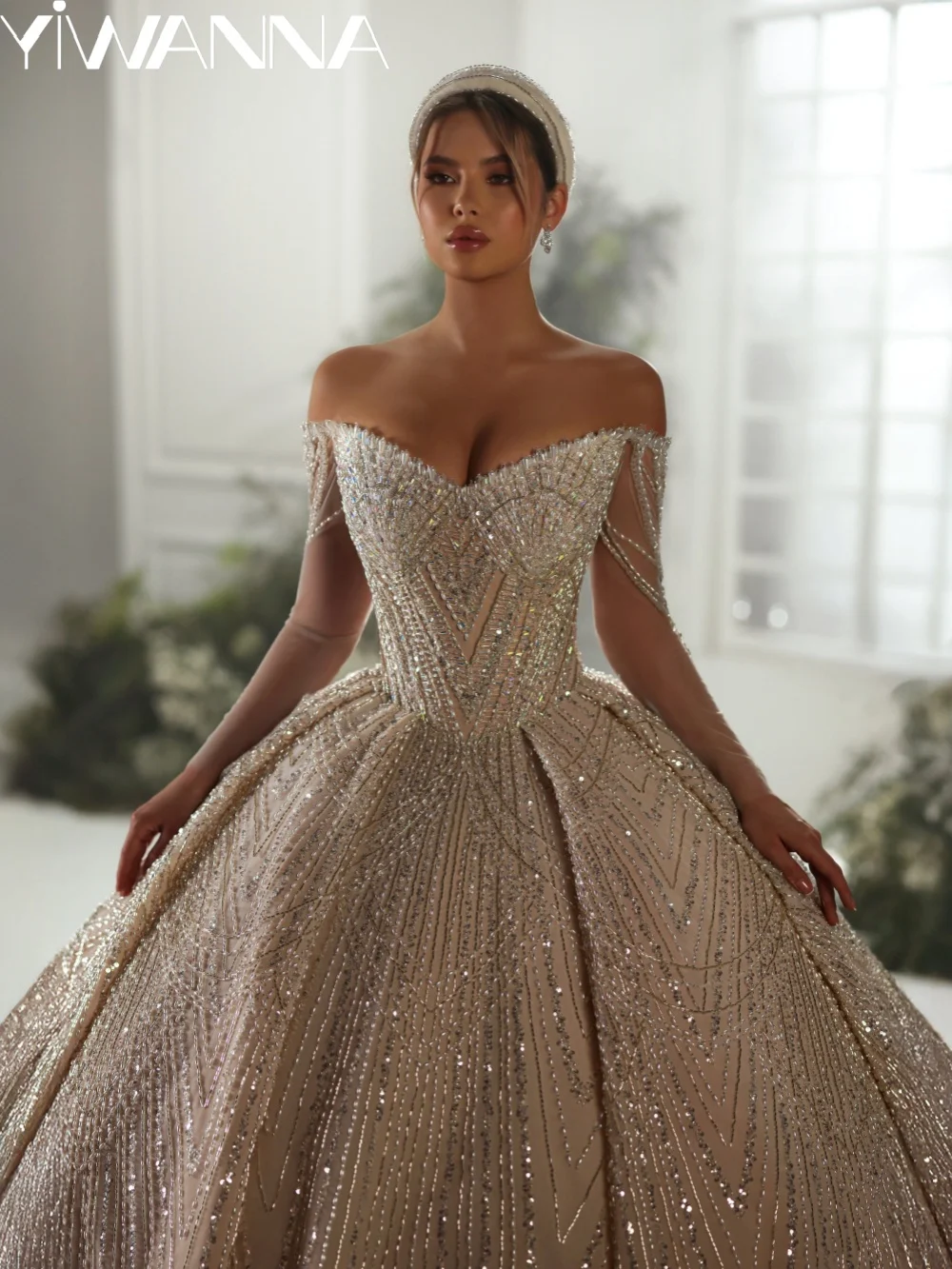 Champagne Heavy Beaded Wedding Dress Stunning Off Shoulder Bridal Gown 2026 New Customized Exquisite Long Dresses For Bride