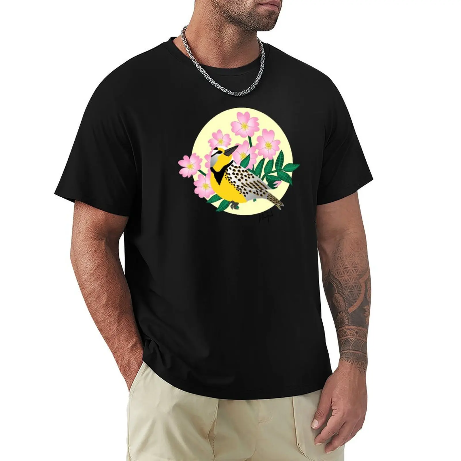 North Dakota Meadowlark and Prairie Rose T-Shirt cotton t-shirt plain for man package T-Shirt