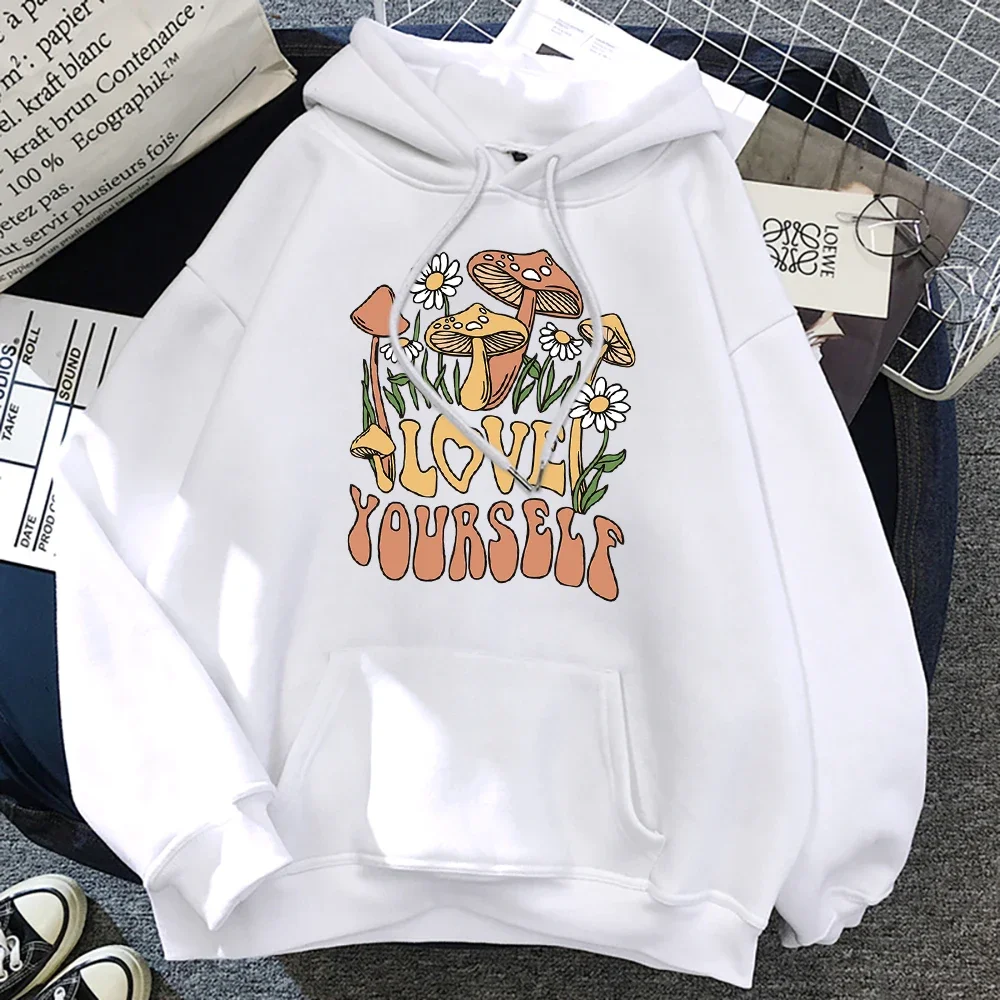 Cottagecore Style Mushroom Love Yourself Cute Women Clothes Fashion Pullover Hoody Loose Pocket Sweatshirt Fleece Hoodie Woman