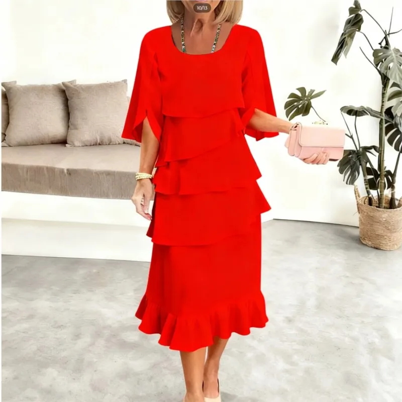 Sommer Neues Einfarbiges Mehrlagiges Rüschen-Kleid mit Mittellangen Ärmeln und U-Ausschnitt Elegantes Formelles Damenkleid für Besondere Anlässe