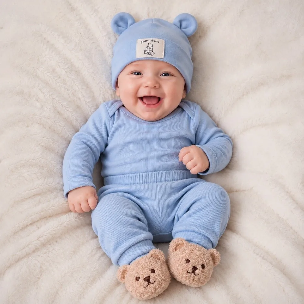 2Pcs/Set Cute Cotton Baby Hat Socks Set Warm Soft Infant Cap Socks Pullover Cap Cartoon Baby Turban Socks for Newborn