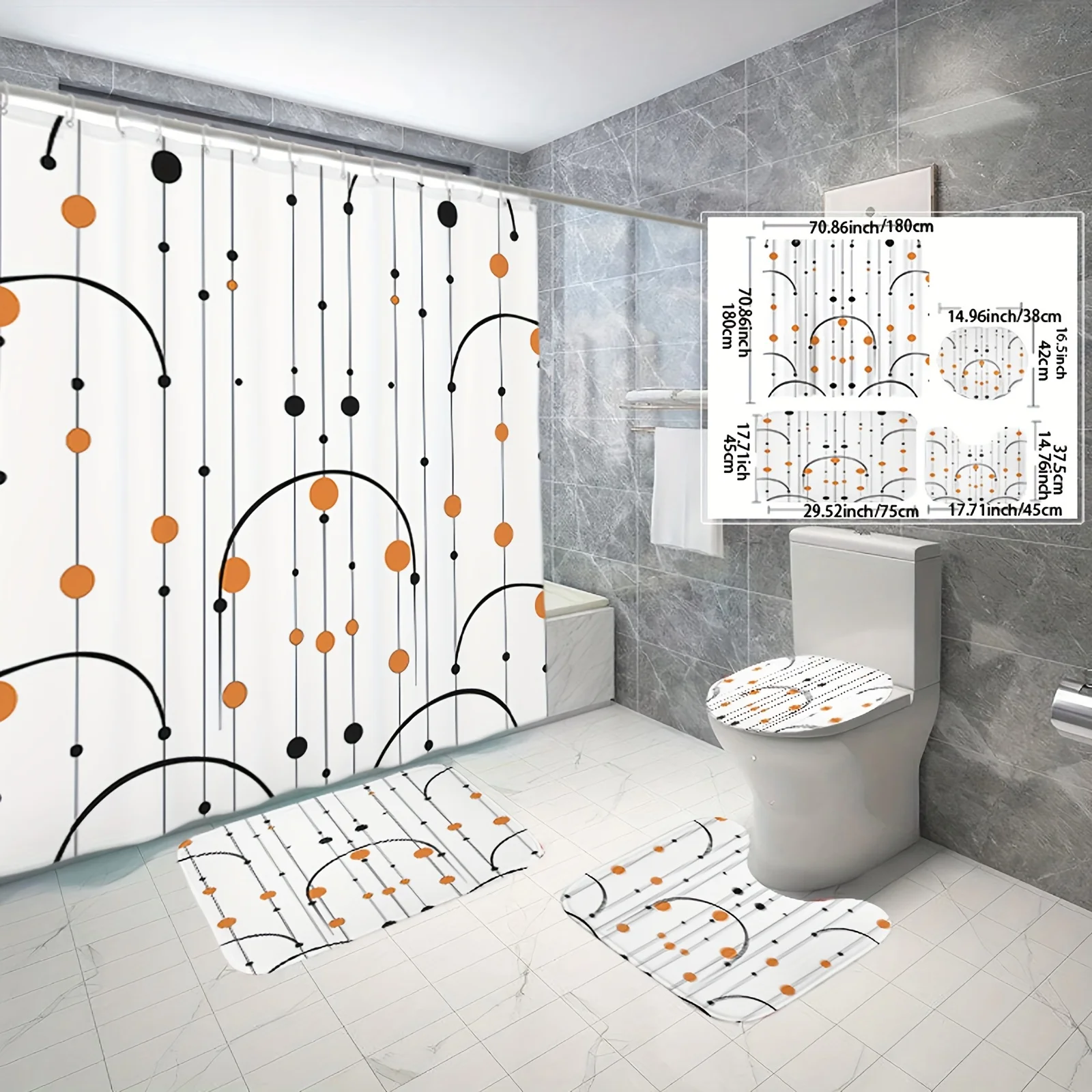 

Набор занавесок для душа с минималистичным геометрическим узором, 4 шт., нескользящий коврик для ванной, чехол на сиденье унитаза, U-образный коврик - полиэфирная ткань