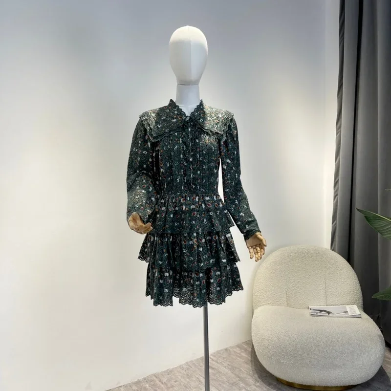 Mini vestido com bolo em camadas de açafrão feminino, qualidade superior, oco, bordado, branco, verde escuro, novo, Primavera, 2022