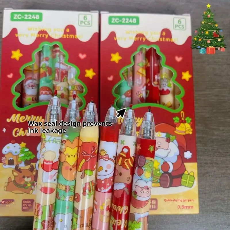 

6Pcs Cute Christmas Cartoon Pocket Pen Black Ink Quick Drying Cute Neutral Pen Student Kids School Writing Stationery Supplies