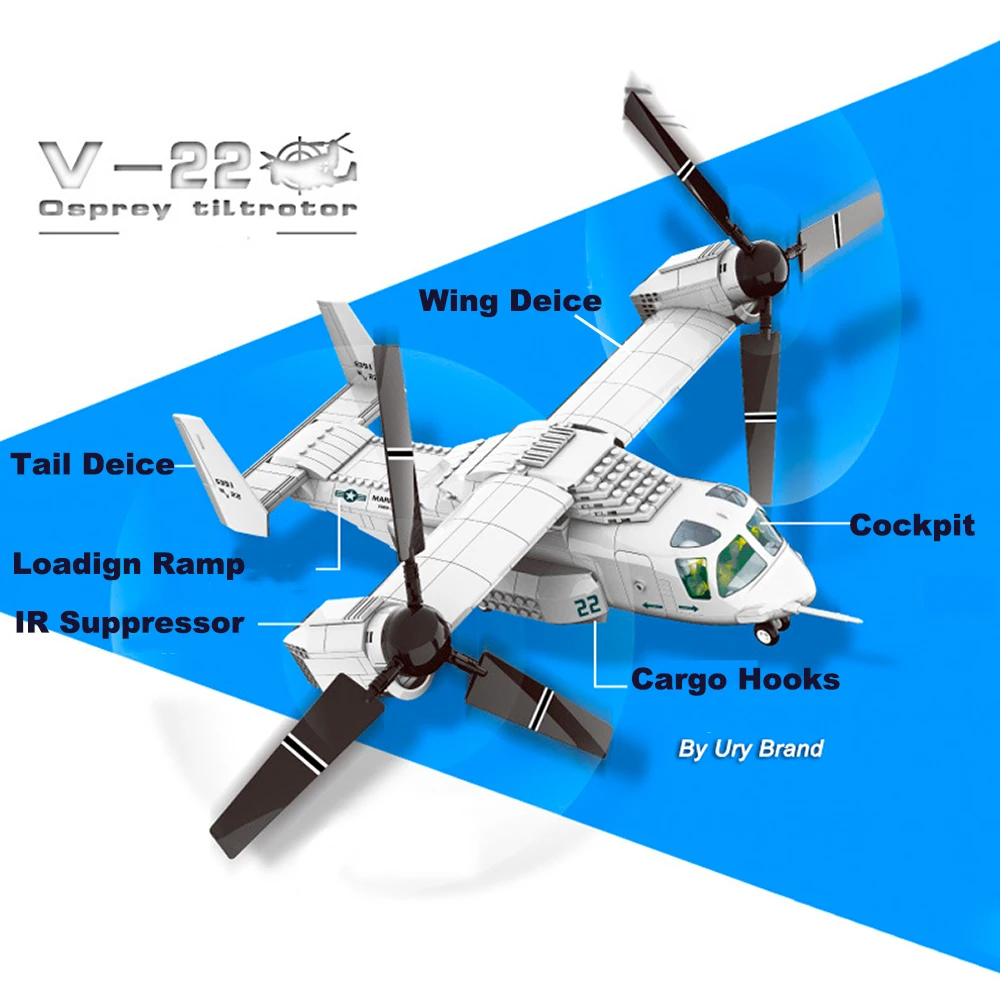 Military Helicopter Plane Army US V-22 Osprey Tiltrotor Transport Aircraft Set DIY 3D Expert Model Building Blocks Toys for Boys