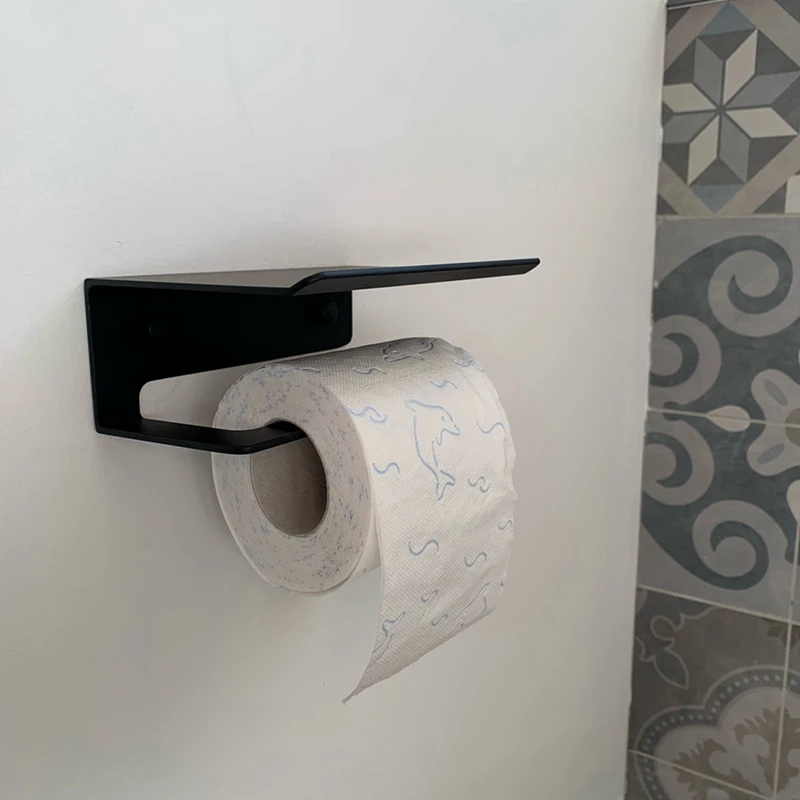 Wall Mounted Black Toilet Paper Holder Tissue Paper Holder Roll Holder With Phone Storage Shelf