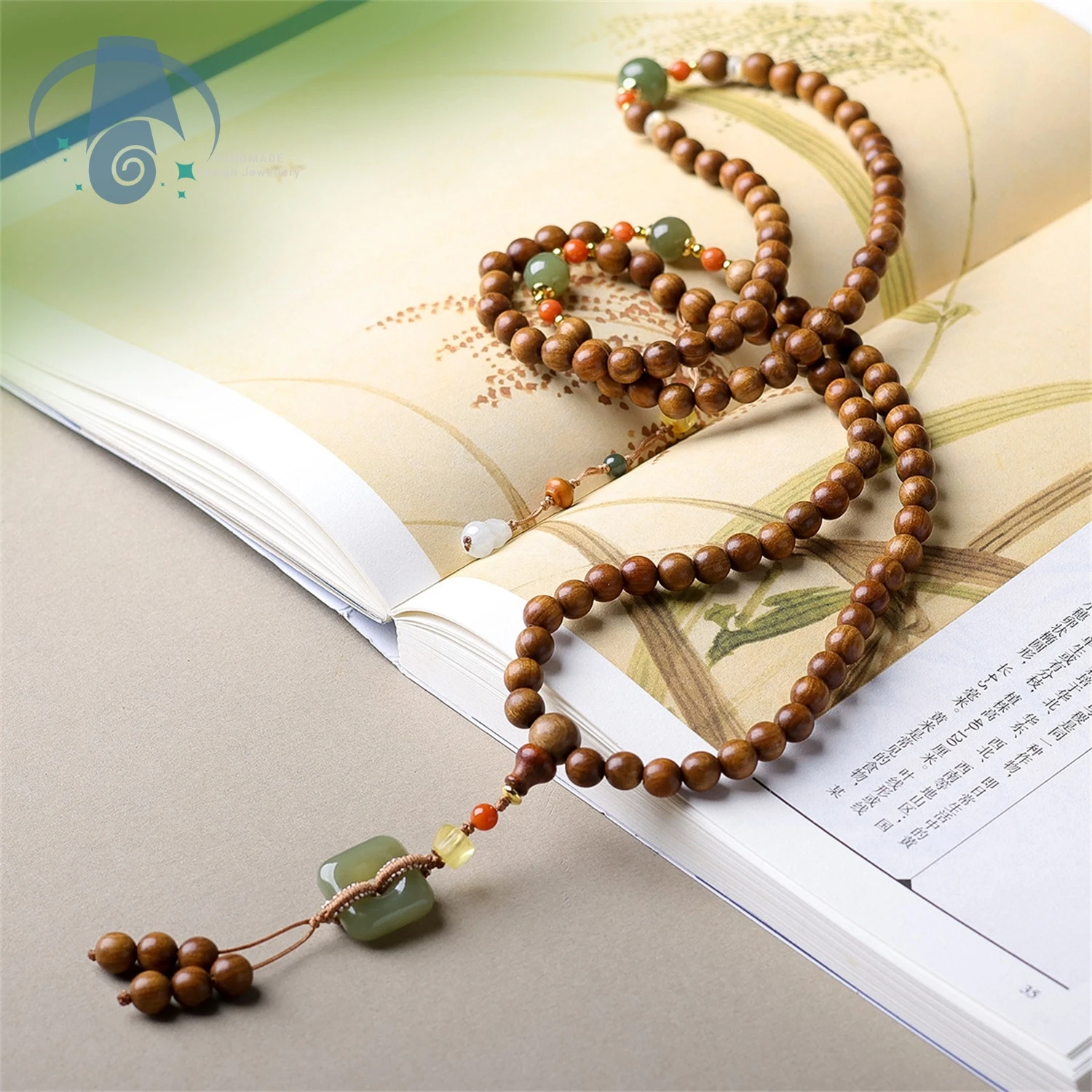 Natural Genuine Hetian Jade Peace Pendant Nanhong Agate Sandalwood Beads Multi Wrap Bracelet Necklace Set Original Chinese Style