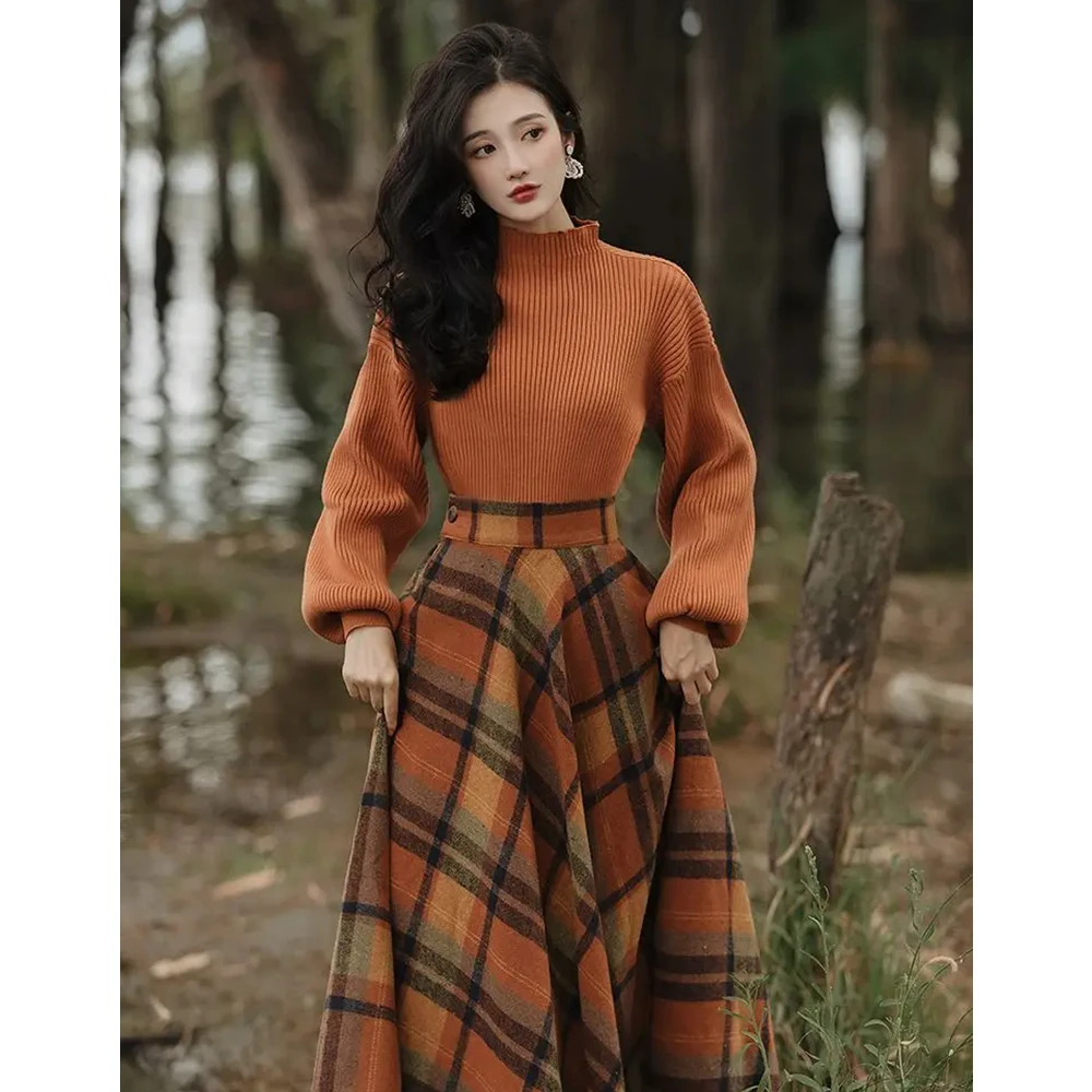 Falls Retro Style Women\'s Puff Sleeve Sweater Plaid Midi Skirts Sets Lady Graceful Autumn Knit Tops High Waist Wool Skirt Outfit