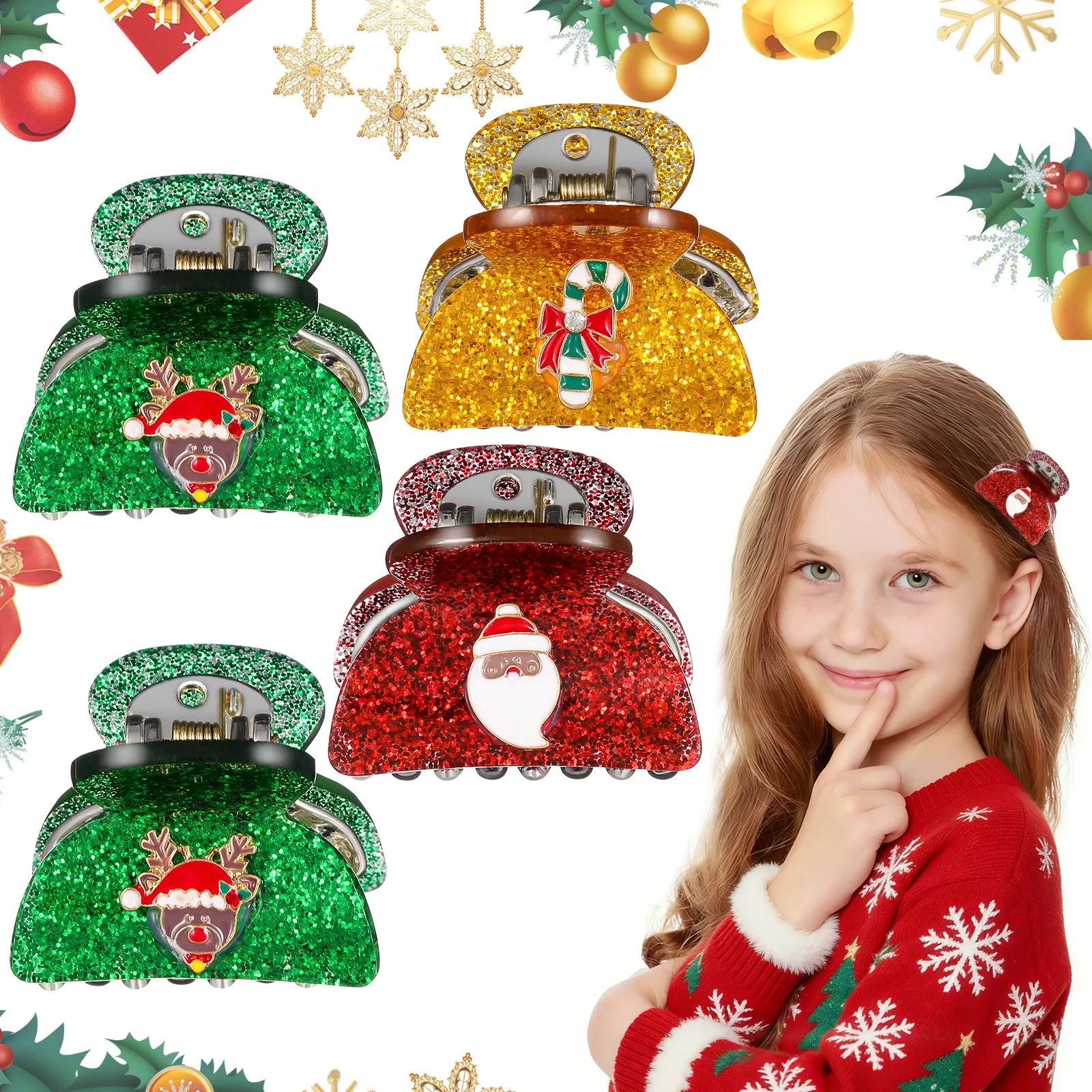 

4Pcs Festive Christmas Hair Clips Small Claw Clips for Women Thin Hair Ponytail Braids Curls Styling Accessories Holiday Party