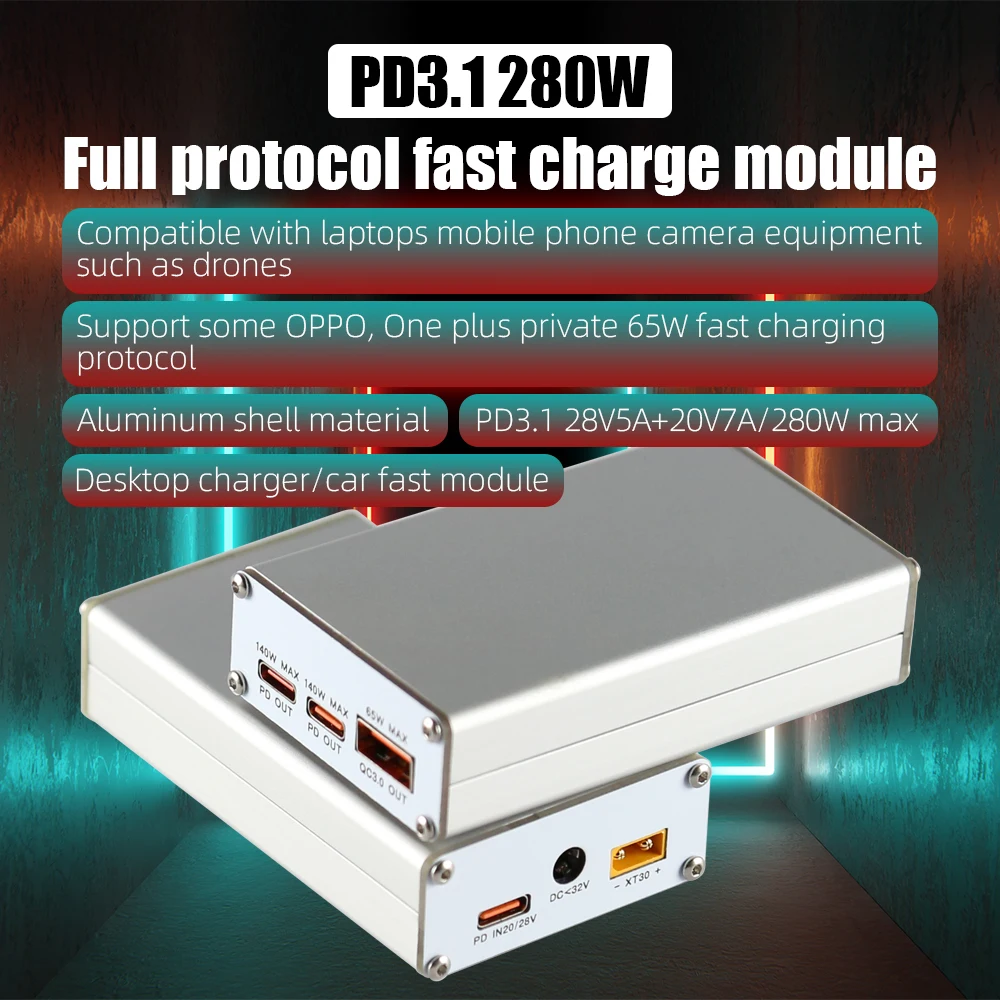 PD3.1 280W Fast Charging Module DC/PD/XT30 Input Aluminum Shell 2Type-C 1USBA Laptop Phone Powerbank Fast Charging DC To PD