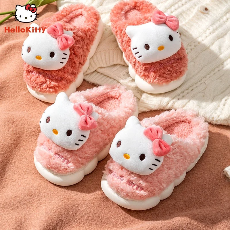 New Sanrio Kawaii Fluffy Winter Warm Hello Kitty Plush Animal Soft Slippers Women Cartoon Trend Girl Indoor Home Casual Shoe Y2k