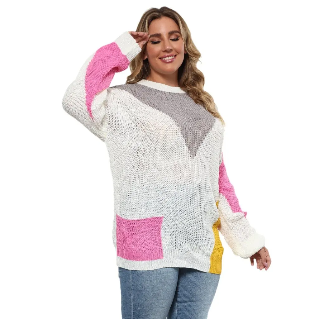 

Women's plus Size Contrast Splicing Turtleneck Sweater Loose Casual Woven Shirt European And American Style 200714