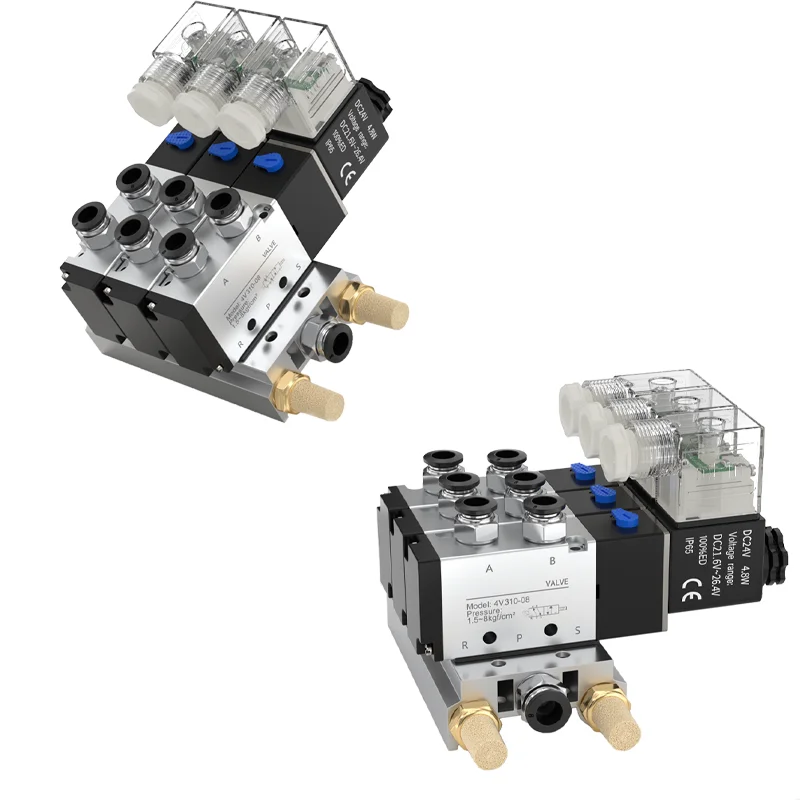 2/3/4 Way 4V310-10 12/24V DC 110/220V AC Multi Option Pneumatic Solenoid Valve Block With Muffler Fitting Base Manifold   ﻿
