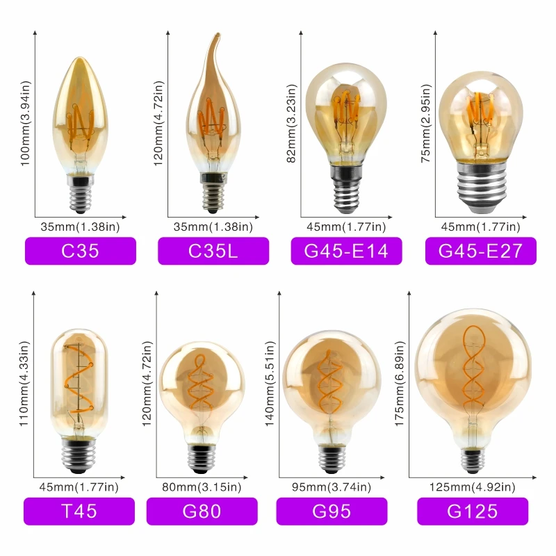 Retro LED Spiral Filament Light Bulb E14 E27 4W Warm Yellow 220V C35 G45 A60 T45 ST64 T185 T225 G80 G95 G125 Vintage Edison Lamp