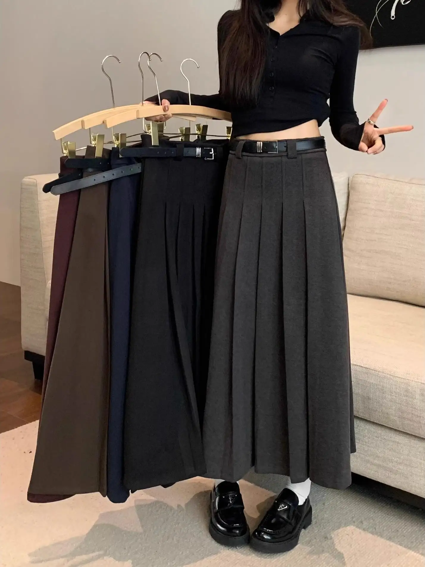 

Ретро-серая шерстяная юбка-костюм для женщин, новая весенняя модель, с завышенной талией, приталенная, А-силуэт, длинная, в корейском стиле, для офиса, с высокой талией, плиссированная