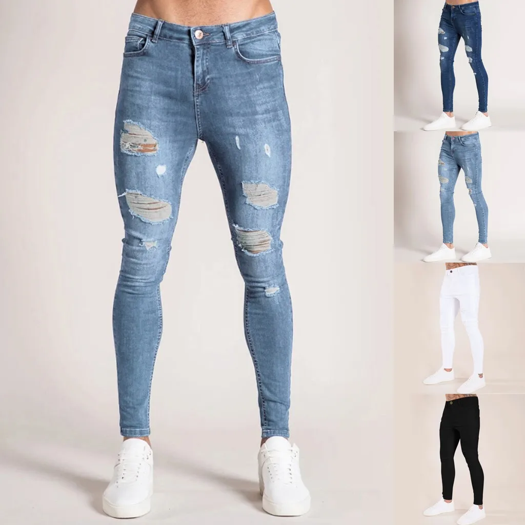 

Men's Slim Fit Hole Breaking Denim Pants Fashion Streetwear Solid Colour Washed Jeans Plus Size Casual Versatile Denim Trousers