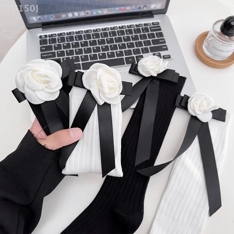 Calzini con cravatta a fiore di camelia 3D - Design a tubo centrale con fiocco Lolita JK per balletto estivo e moda Y2K