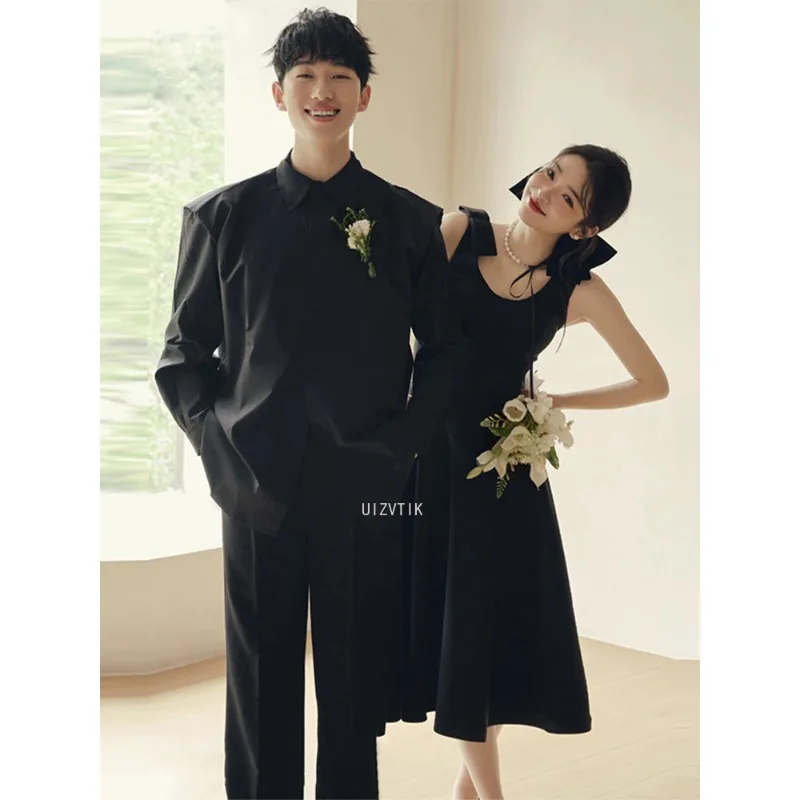 Vestidos de novia cortos simples negros Corea cuello cuadrado fotos sesión vestidos 2025 vestidos de novia de una línea personalizados vestido de fiesta Formal