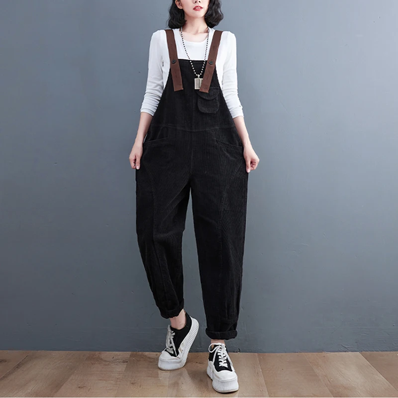 Fashion Streetwear Winter Corduroy Overalls For Women Pockets Straps Ladies Jumpsuits Loose Baggy Wide Leg Cargo Pants Red Black