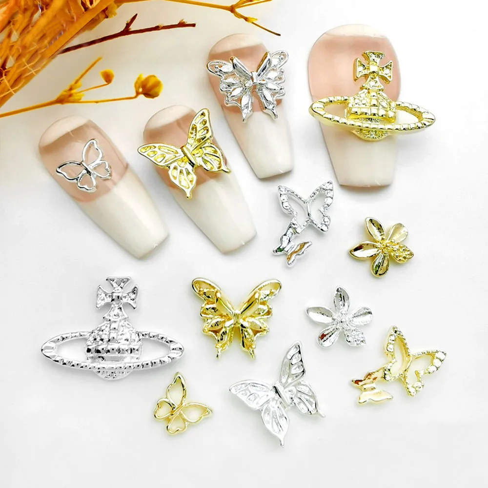 10Pcs/Bag 3D Alloy Butterfly Design Nail Art Charms Bow Bee Planet Decoration Rhinestone Manicure Accessories Nail Parts Bulk